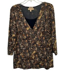 Vintage Y2K Notations Top XL Black Tan Paisley Layered Faux Wrap Stretch Mesh